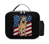 German Shepherd Dog U.S. Flag Leather Lunch Bag with Buckled Handle Insulated Portable Meal Lunchbox for Work Travel