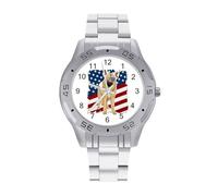German Shepherd Dog U.S. Flag Men's Quartz Wrist Watches Fashion Casual Business Steel Band Wristwatch