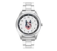 German Shepherd Dog U.S. Flag Men's Steel Strap Watch Easy Reader Casual Silver Dial Fashion Analog Watches
