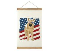 German Shepherd Dog U.S. Flag Printed Linen Hanging Poster Lightweight Wall Art Painting Artwork for Home Decor