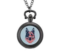 German Shepherd Dog U.S. Flag Vintage Pocket Watch with Chain Classic Numerals White Dial