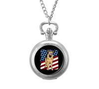 German Shepherd Dog U.S. Flag Vintage Pocket Watches Roman Numerals Quaretz Watch with Chain Christmas Birthday Gifts Silver-Style