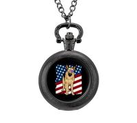German Shepherd Dog U.S. Flag Vintage Pocket Watches Roman Numerals Quaretz Watch with Chain Christmas Birthday Gifts Black-Style