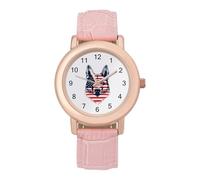 German Shepherd Dog U.S. Flag Women's Leather Watch Easy Reader Minimalist Wristwatch Pink Rose Gold Strap Watches