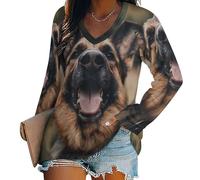 German Shepherd Dog Women's Long Sleeve Shirts Loose Fit Blouse Casual V Neck Tee Tops Classic Fall Clothes