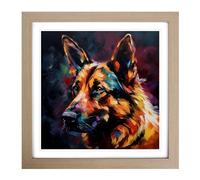 German Shepherd Expressionism No.2 Framed Print | 18x18 Inch Oak Framed Wall Art | Ready to Hang | Eclectic Historical Picture | Living Room Bedroom Lounge Office