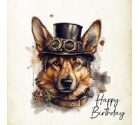 German Shepherd Fantasy Steampunk Square Birthday Card (Design 1) - Happy Gift For Her Him Friend Mum Dad Sister Brother Premium Quality Blank Inside Envelope Included Uk Designed