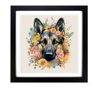German Shepherd Floral Art No.1 Framed Wall Art Print, Ready to Hang Picture for Living Room Bedroom Home Office, Black 18 x 18 Inch (45 x 45 cm)