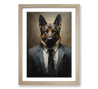 German Shepherd in a Suit Painting No.2 Framed Wall Art Print, Ready to Hang Picture for Living Room Bedroom Home Office, Oak A2 (48 x 66 cm)
