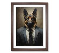 German Shepherd in a Suit Painting No.2 Framed Wall Art Print, Ready to Hang Picture for Living Room Bedroom Home Office, Walnut A2 (48 x 66 cm)
