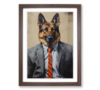 German Shepherd in a Suit Painting No.3 Framed Wall Art Print, Ready to Hang Picture for Living Room Bedroom Home Office, Walnut A2 (48 x 66 cm)