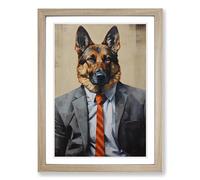 German Shepherd in a Suit Painting No.3 Framed Wall Art Print, Ready to Hang Picture for Living Room Bedroom Home Office, Oak A2 (48 x 66 cm)