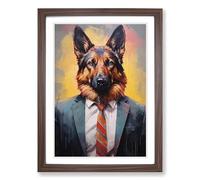 German Shepherd in a Suit Painting No.4 Framed Wall Art Print, Ready to Hang Picture for Living Room Bedroom Home Office, Walnut A2 (48 x 66 cm)