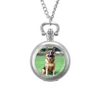 German Shepherd in Garden Vintage Pocket Watches Roman Numerals Quaretz Watch with Chain Christmas Birthday Gifts Silver-Style
