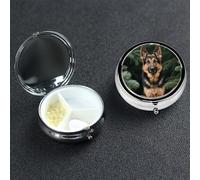 German Shepherd Pill Box 3 Compartment Waterproof Pill Container with Mirror Metal Medicine Box Organizer Portable Vitamin Case for Pocket & Purse Travel - Round