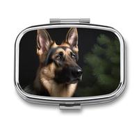 German Shepherd Pill Organizer Container for Travel, Metal 2 Compartment Square Pill Case, Portable Mini Medicine Box Pill Storage Case for Purse Pocket, Supplement Storage