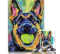 German Shepherd Playing with Tennis Ball 1000 Piece Jigsaw Puzzles for Adults,Learning Educational Toys Family Games with Matching Poster And Trivia Sheet 50x75cm