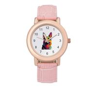 German Shepherd Pop Art Portrait Women's Leather Watch Easy Reader Minimalist Wristwatch Pink Rose Gold Strap Watches