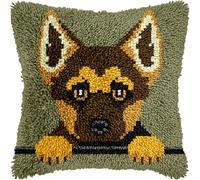 German Shepherd Puppy Latch Hook Kits for Adults Kids, Beginners DIY Throw Pillow Kit Pre-printed Pillowcase Hook and Latch Rug Kits Cross-stitch Cushion Cover for Home Sofa Decoration 17x17 inch