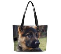 German Shepherd Puppy Leather Tote Bag for Women Work Shoulder Purses with Zipper Waterproof Large Computer Shoulder Bag Fashion Ladies Shoulder Handbag Reusable Shopping Bags