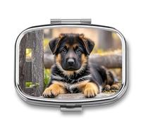 German Shepherd Puppy Pill Box 2 Compartment Waterproof Pill Case with Mirror Square Container Metal Medicine Box Organizer Portable Vitamin Case for Pocket & Purse Travel