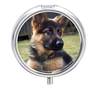 German Shepherd Puppy Pill Box 3 Compartment Small Pill Case with Mirror for Purse & Pocket Travel Medicine Organizer Daily Medication Container Portable Pillbox Metal Medicine Box Round Meds Case