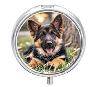 German Shepherd Puppy Pill Box 3 Compartment Waterproof Pill Container with Mirror Metal Medicine Box Organizer Portable Vitamin Case for Pocket & Purse Travel - Round