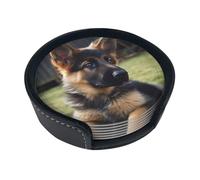 German Shepherd Puppy Print Coasters Drink Coasters Round Leather Coasters for Ceramic Cup Coffee Cup Home Bar Office Set of 6
