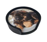 German Shepherd Puppy,Set of 6 Round Coasters, Pu Leather Drinks Coasters with Holder for Home Office Kitchen