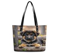 German Shepherd Puppy Tote Bag Large Soft Leather Purse with Zipper Lightweight Ladies Shoulder Handbag