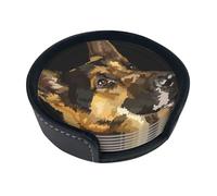 German Shepherd,Set of 6 Round Coasters, Pu Leather Drinks Coasters with Holder for Home Office Kitchen