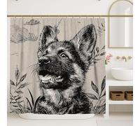 German Shepherd Shower Curtain, Black White Dog Illustration Bathroom Decor, Year-Round Modern Nature Print, Animal Lovers Waterproof Fabric Set with Hooks 72x72 Inch