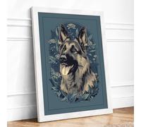 German Shepherd Study Japandi Framed Wall Art Print A4 (29.7×21cm) White, Wall Decor for Living Room, Bedroom, Office & Home, Ready to Hang, Art Gift