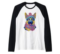 German Shepherd Winter Dog Lover Graphic Pink Scarf Blue Raglan Baseball Tee