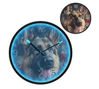 German Shepherd with Flag Night Light Wall Clock LED Wall Clocks Silent Battery-Operated Glow in The Dark Large Digital Display for Bedroom Living Room Kitchen, 12 Inch