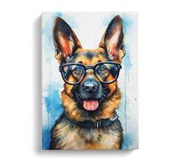 German Shepherd with Glasses Painting Canvas Print | Gallery Wrapped 30mm Frame Wall Art | 30x20 inches | Ready to Hang | Modern Picture | Living Room Bedroom Lounge Office