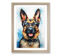 German Shepherd with Glasses Painting Framed Wall Art Print, Ready to Hang Picture for Living Room Bedroom Home Office, Oak A2 (48 x 66 cm)