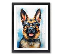 German Shepherd with Glasses Painting Framed Wall Art Print, Ready to Hang Picture for Living Room Bedroom Home Office, Black A2 (48 x 66 cm)