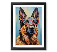 German Shepherd with Glasses Painting No.3 Framed Wall Art Print, Ready to Hang Picture for Living Room Bedroom Home Office, Black A2 (48 x 66 cm)