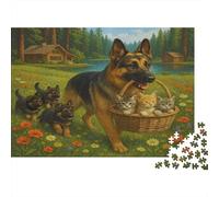 German Shepherd with Kittens 1000 Pc Thick Cardboard Premium Jigsaw Puzzle Set Family Lovers Concentration Training Fun Present 52x38cm/1000pcs