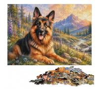 German Shepherd with Watercolor Splashes Jigsaw Puzzle, 300 Pieces | For home use: Adult Puzzle: border-first or section-first building options at your own pace.