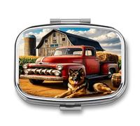 German Shepherds and Vintage Trucks Pill Box 2-Compartment Portable Pill Case Square Metal Medication Organizer Small Weekly Medication Case with Mirror Stylish Vitamin Holder for Purse Pocket Travel