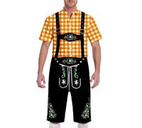 German Short Sleeve Plaid Blouse with Lederhosen Men Oktoberfest Outfit Fancy Party Dress Beer Festival Costume Traditional Bavarian Outfit Stylish Western Halloween Carnival Costume