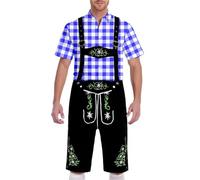 German Short Sleeve Plaid Blouse with Lederhosen Men Oktoberfest Outfit Fancy Party Dress Beer Festival Costume Traditional Bavarian Outfit Stylish Western Halloween Carnival Costume