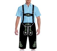 German Short Sleeve Plaid Blouse with Lederhosen Men Oktoberfest Outfit Fancy Party Dress Beer Festival Costume Traditional Bavarian Outfit Stylish Western Halloween Carnival Costume
