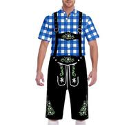German Short Sleeve Plaid Blouse with Lederhosen Men Oktoberfest Outfit Fancy Party Dress Beer Festival Costume Traditional Bavarian Outfit Stylish Western Halloween Carnival Costume