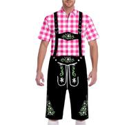 German Short Sleeve Plaid Blouse with Lederhosen Men Oktoberfest Outfit Fancy Party Dress Beer Festival Costume Traditional Bavarian Outfit Stylish Western Halloween Carnival Costume