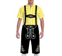German Short Sleeve Plaid Blouse with Lederhosen Men Oktoberfest Outfit Fancy Party Dress Beer Festival Costume Traditional Bavarian Outfit Stylish Western Halloween Carnival Costume
