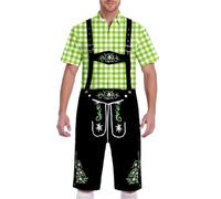 German Short Sleeve Plaid Blouse with Lederhosen Men Oktoberfest Outfit Fancy Party Dress Beer Festival Costume Traditional Bavarian Outfit Stylish Western Halloween Carnival Costume