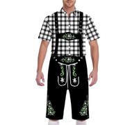 German Short Sleeve Plaid Blouse with Lederhosen Men Oktoberfest Outfit Fancy Party Dress Beer Festival Costume Traditional Bavarian Outfit Stylish Western Halloween Carnival Costume
